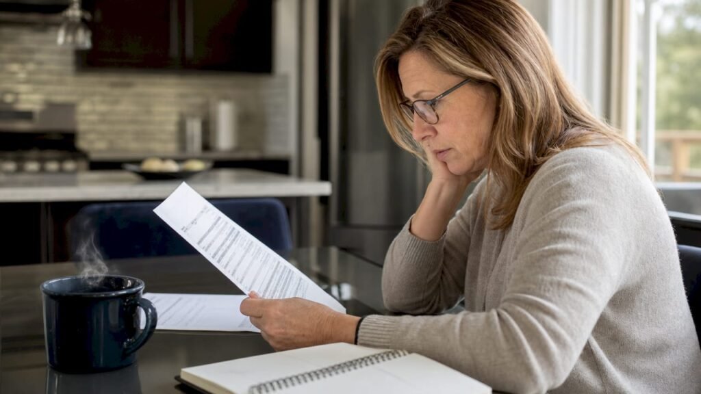 Homeowner reviewing water damage estimate at kitchen table