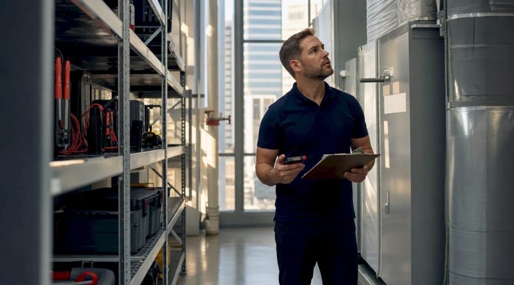 Industrial hygienist inspecting commercial building mechanical room