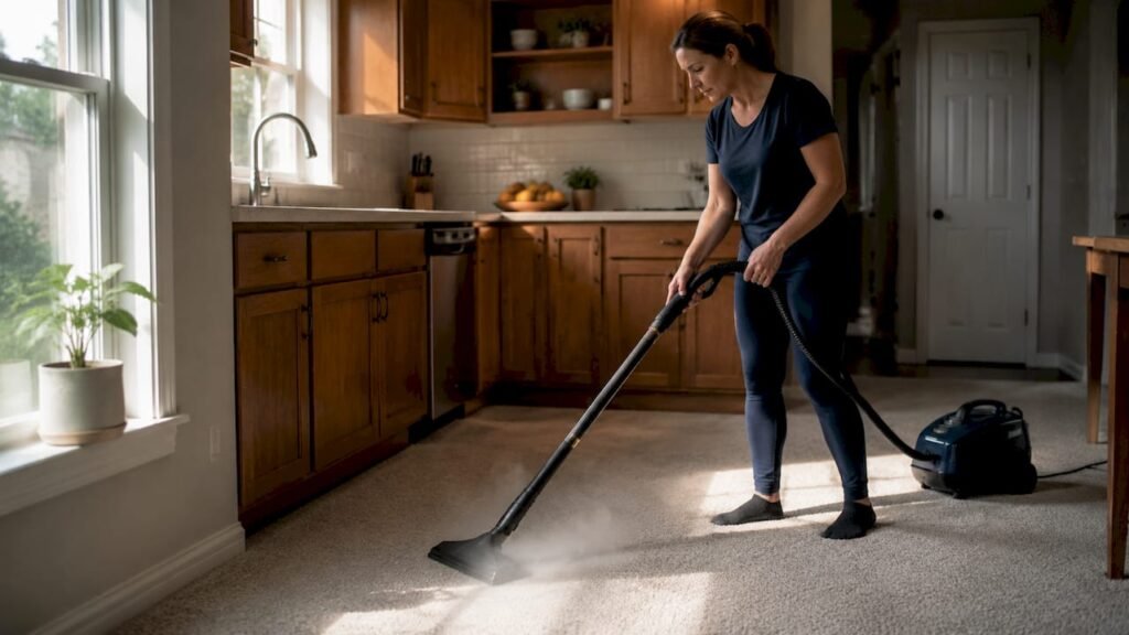 Woman steam cleaning carpet in living room