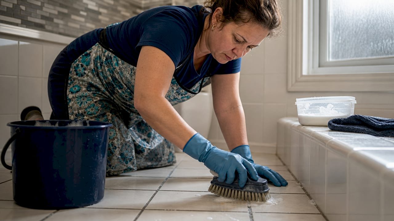 Woman scrubbing tile grout on bathroom floor