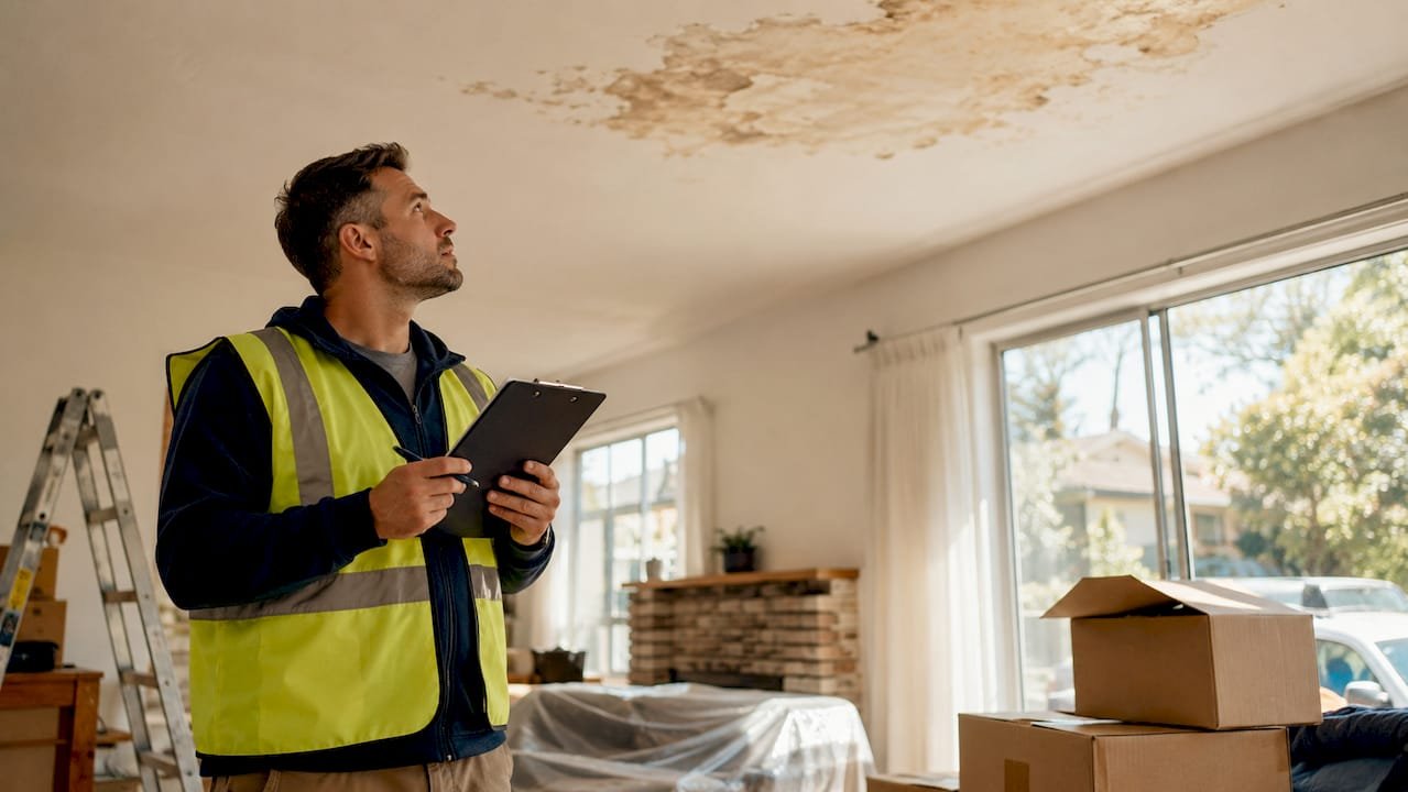 Restoration professional inspecting water damage in living room
