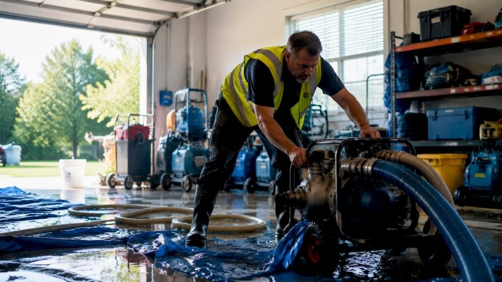 Technician extracting water in home basement