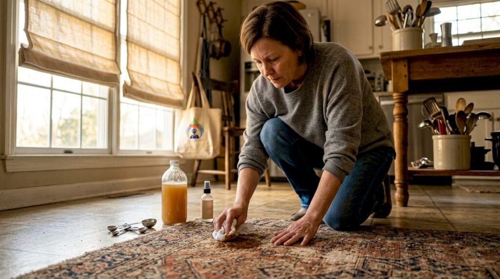 Woman blotting stain on rug at home