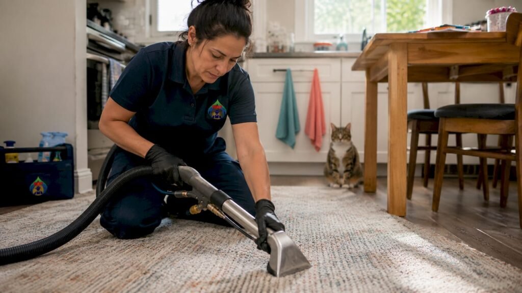Carpet cleaning technician steam cleaning carpet