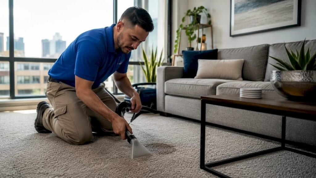 Carpet cleaning technician deep cleaning carpet at home