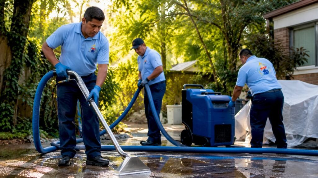 Restoration crew operating water extraction equipment outdoors
