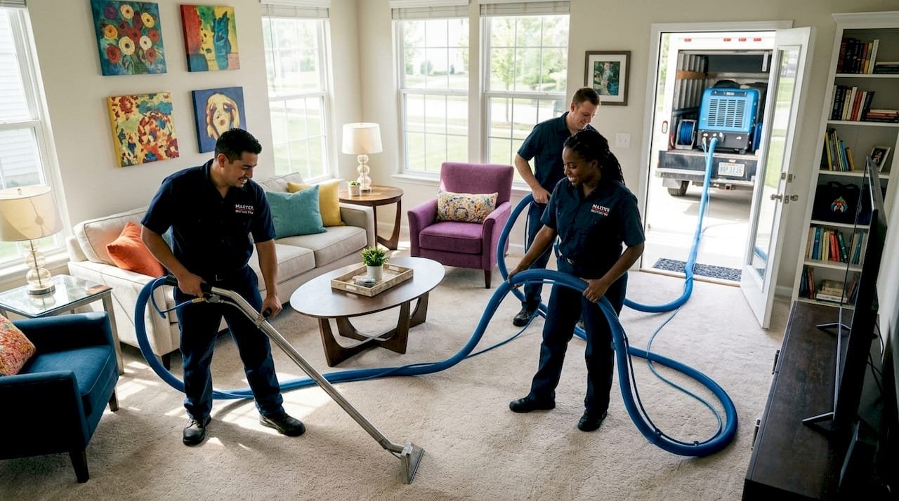 Master Service Pro crew using truck-mounted carpet cleaning system