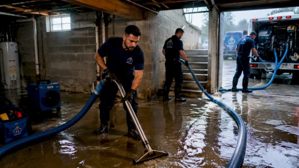 Restoration crew using truck-mounted system for water extraction