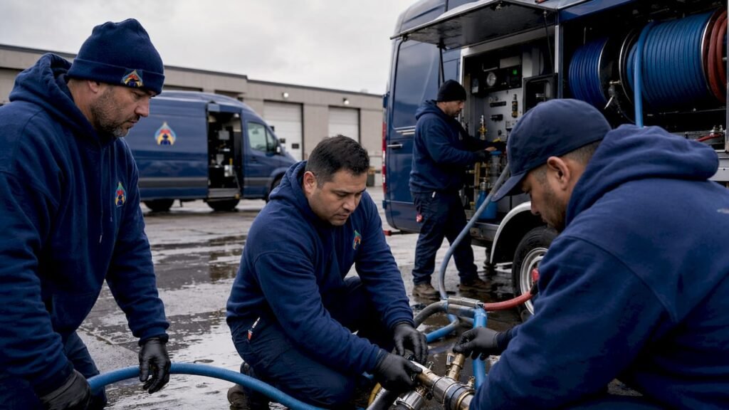 Restoration crew with equipment and vans outside commercial building