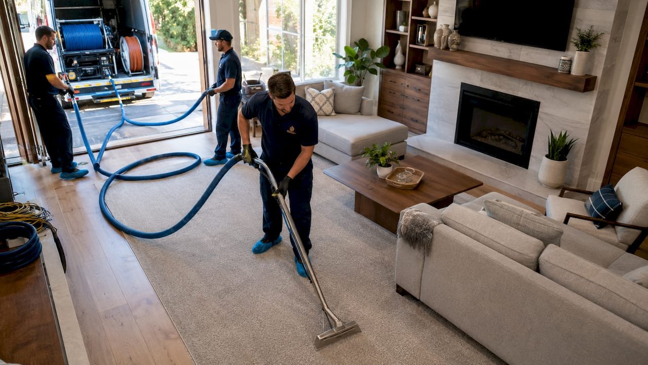 Master Service Pro crew cleaning carpet with truck-mounted system