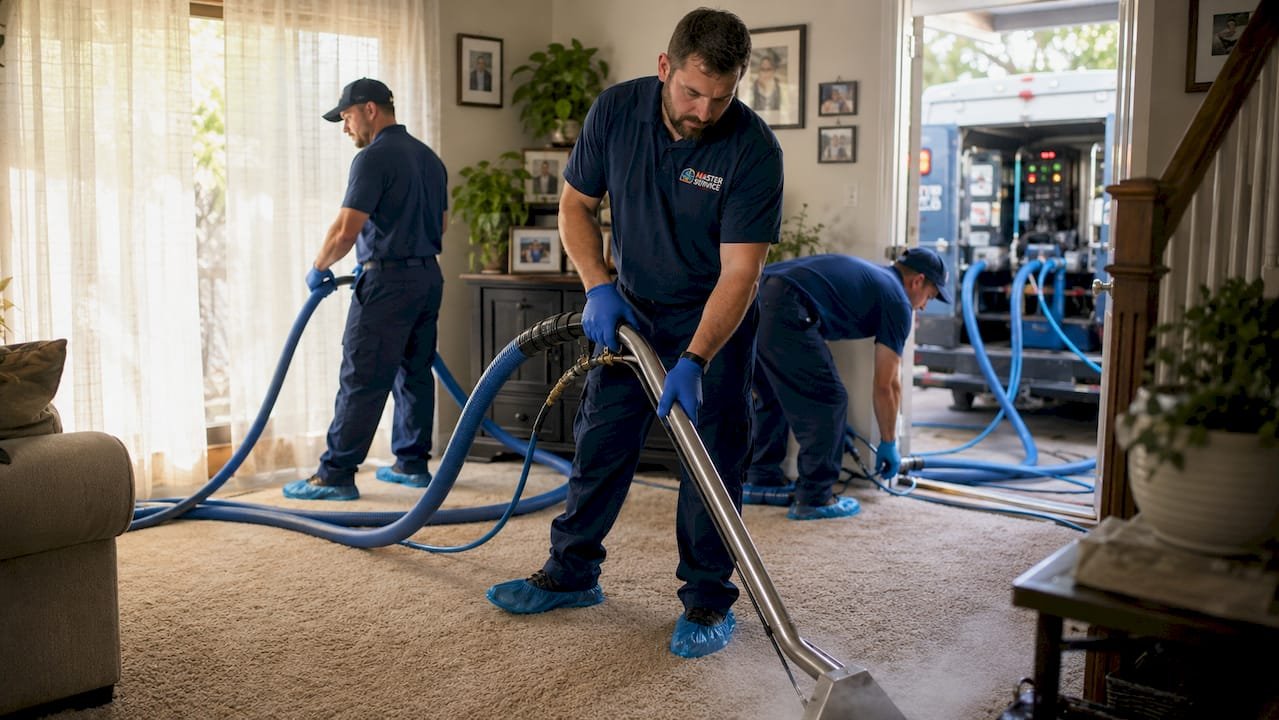 Carpet cleaning crew using truck-mounted system in home