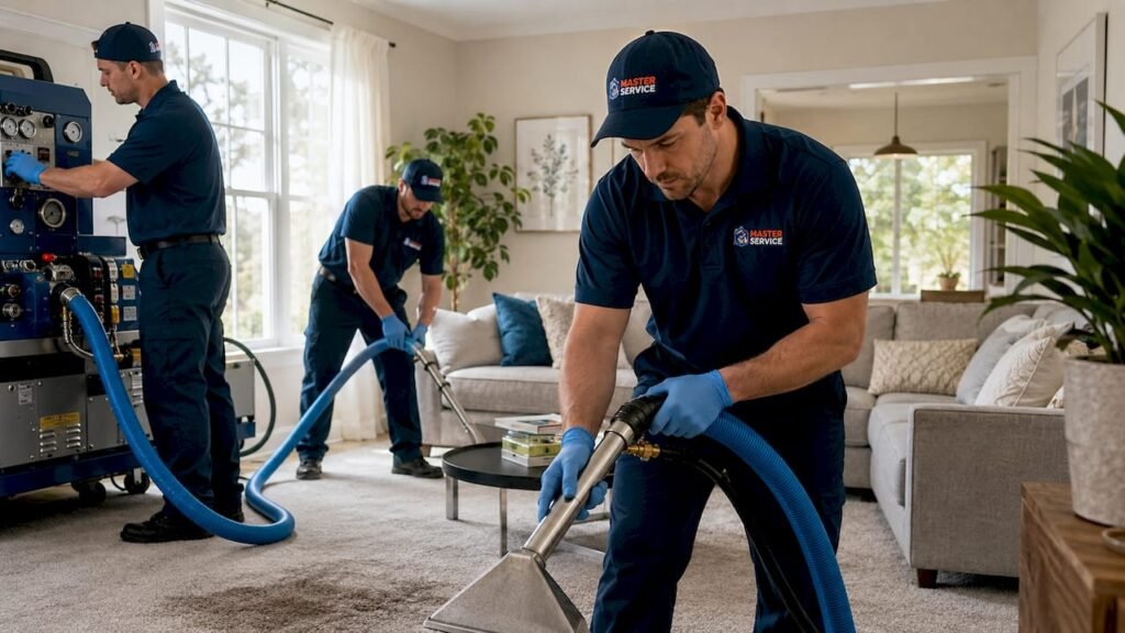 Crew using truck mounted carpet cleaning equipment indoors