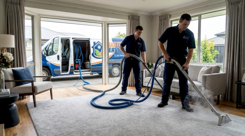 Master Service Pro crew using truck-mounted carpet extractor indoors