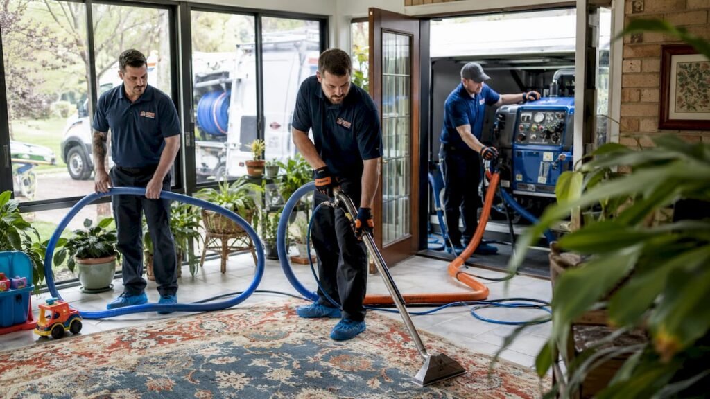 Master Service Pro crew using truck mounted carpet extraction system indoors