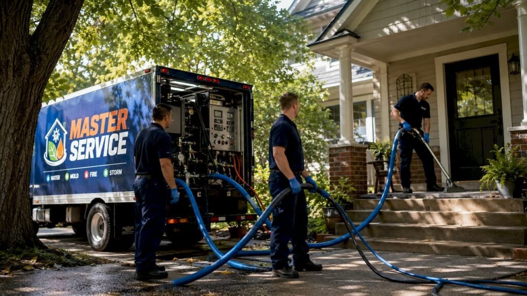 Master Service Pro carpet cleaning crew with truck mounted system