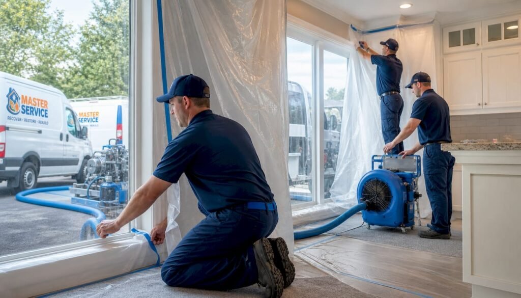 Mold remediation crew setting up containment indoors