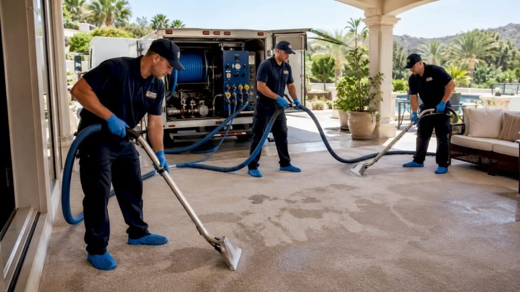 Crew using truck mounted carpet cleaning system in home