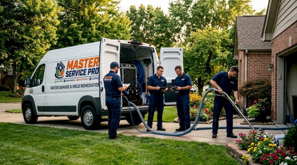 Restoration crew with truck-mounted equipment by home exterior