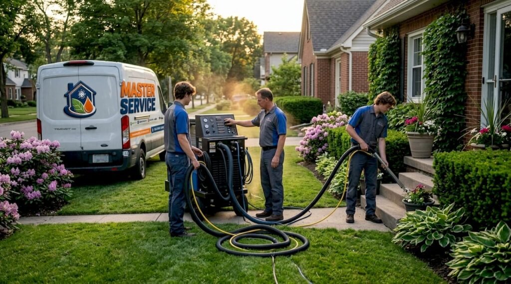 Masterservicepro carpet cleaning crew with truck-mounted system outdoors