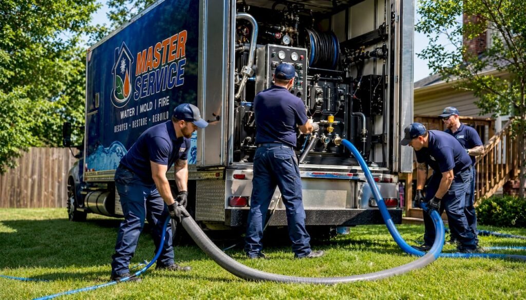 Crew using truck-mounted water extraction equipment