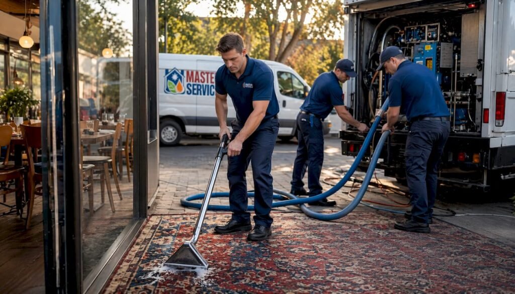 Crew performing truck-mounted carpet cleaning outside building